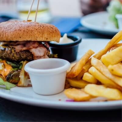 delicious burger with fries